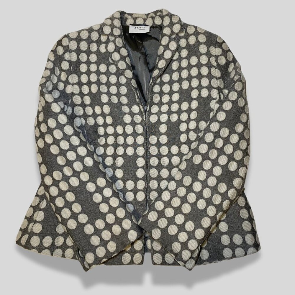 AKRIS PUNTO Grey & Ivory Polka Dot Wool Blend Blazer Size US 10